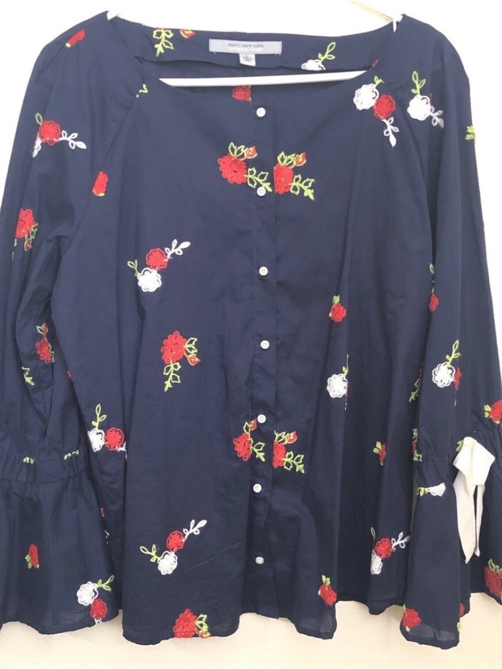 Embroidered Navy Floral Button-Front Women’s Top